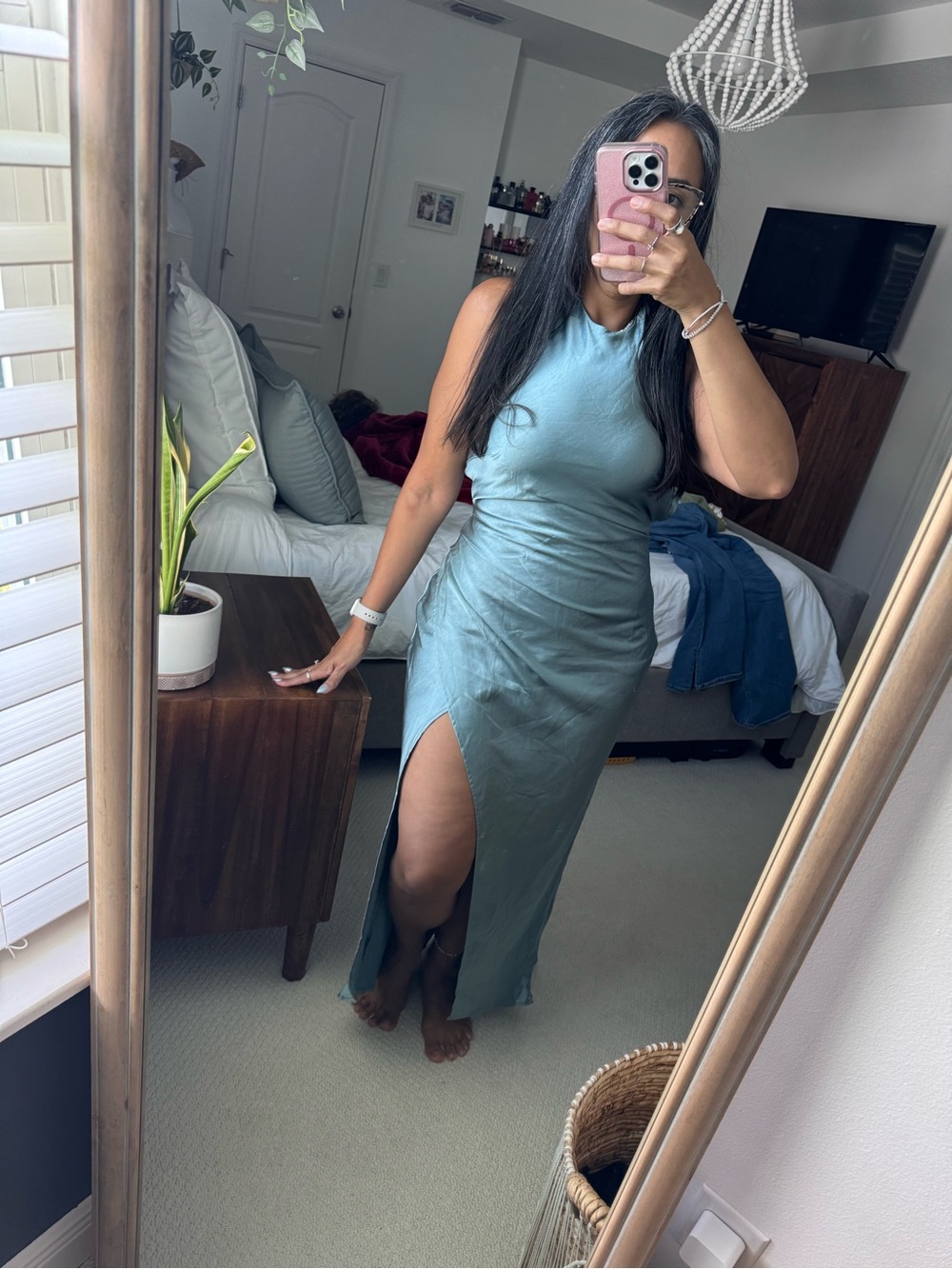 Selfie Leslie Satin Halter Maxi Dress in Sky Blue - Picture 3 of 7